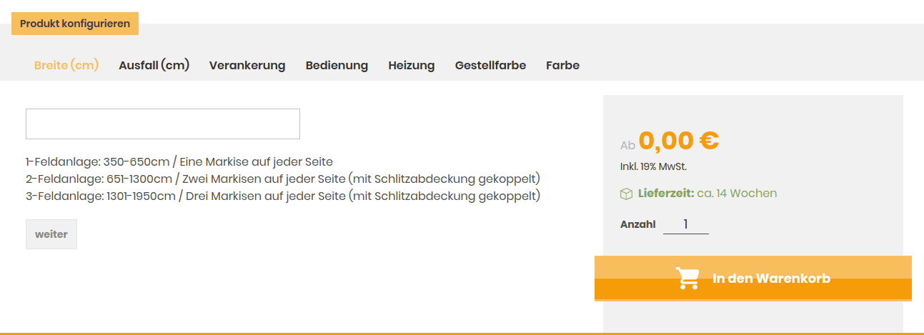 Price matrix product configuration - first enter a width